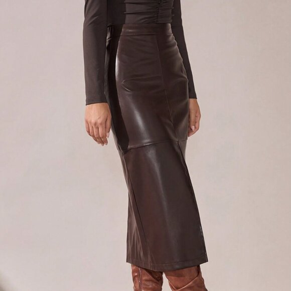 Brown Casual Women's Elegant A-Line Split Hem faux leather Skirt - Picture 5 of 8